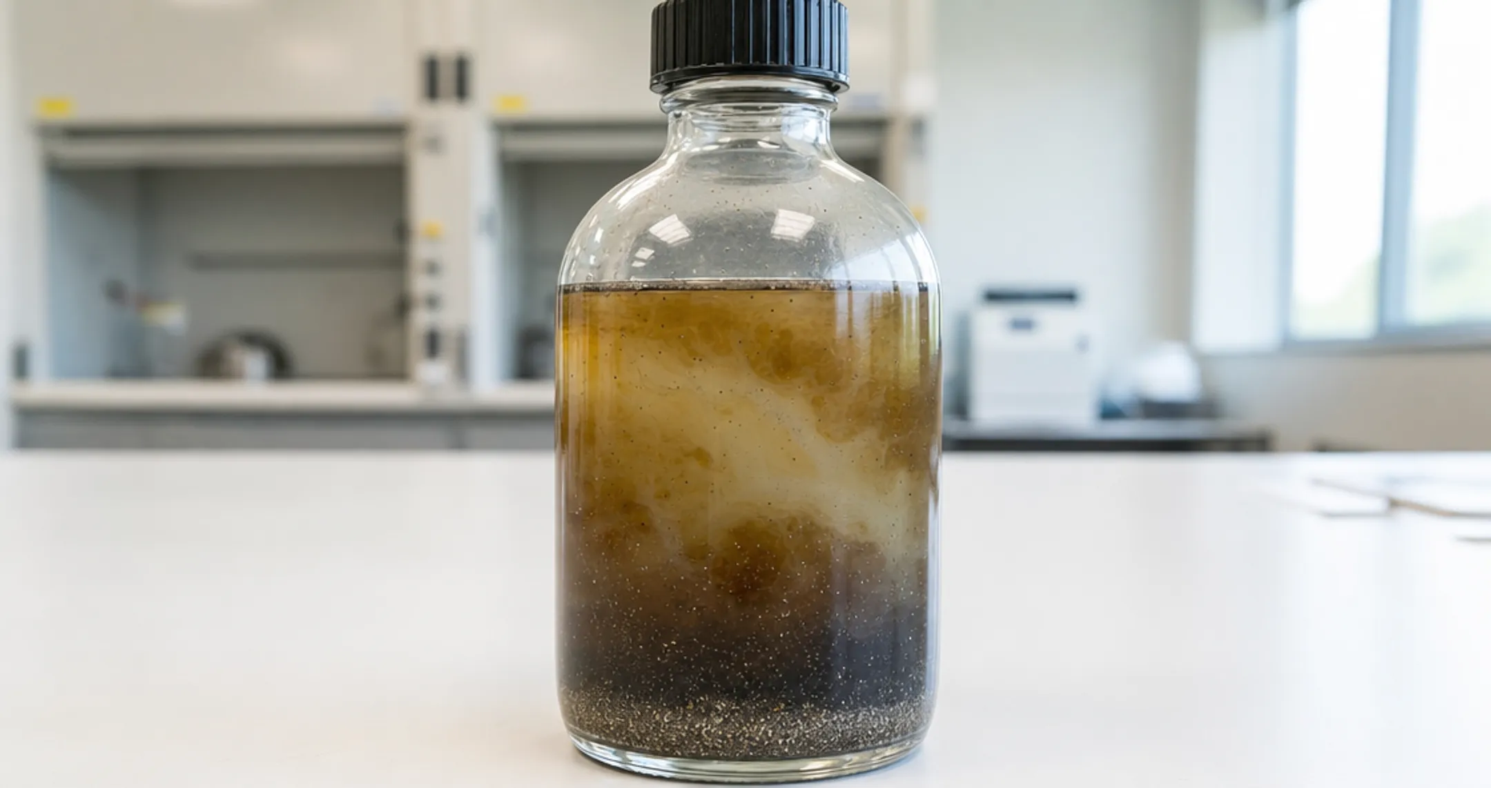 Industrial gearbox oil sample showing contamination and wear particles