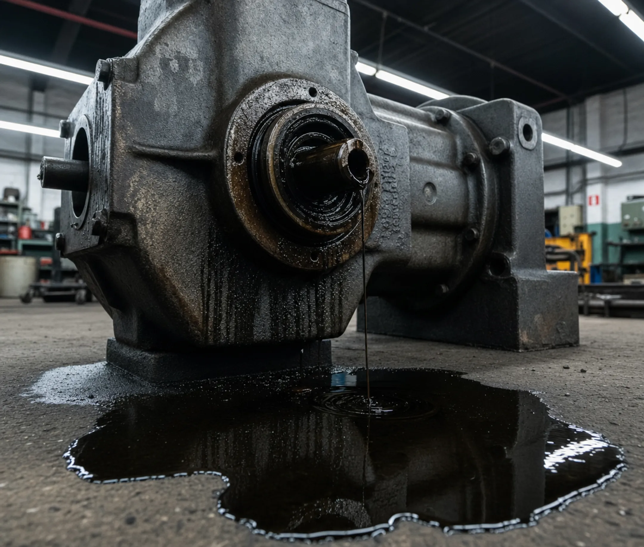 Industrial gearbox with visible oil leak near drive shaft seal