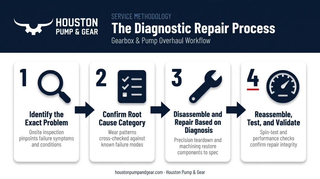 Four-step multistage centrifugal pump repair process flow diagram