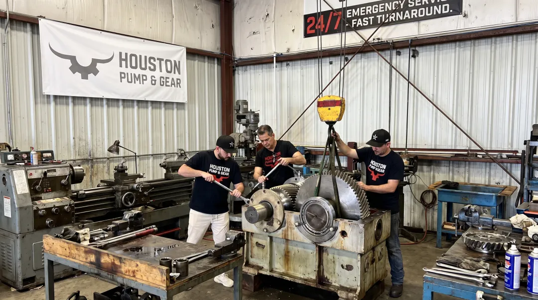 Houston Pump and Gear technicians repairing an industrial gearbox in shop