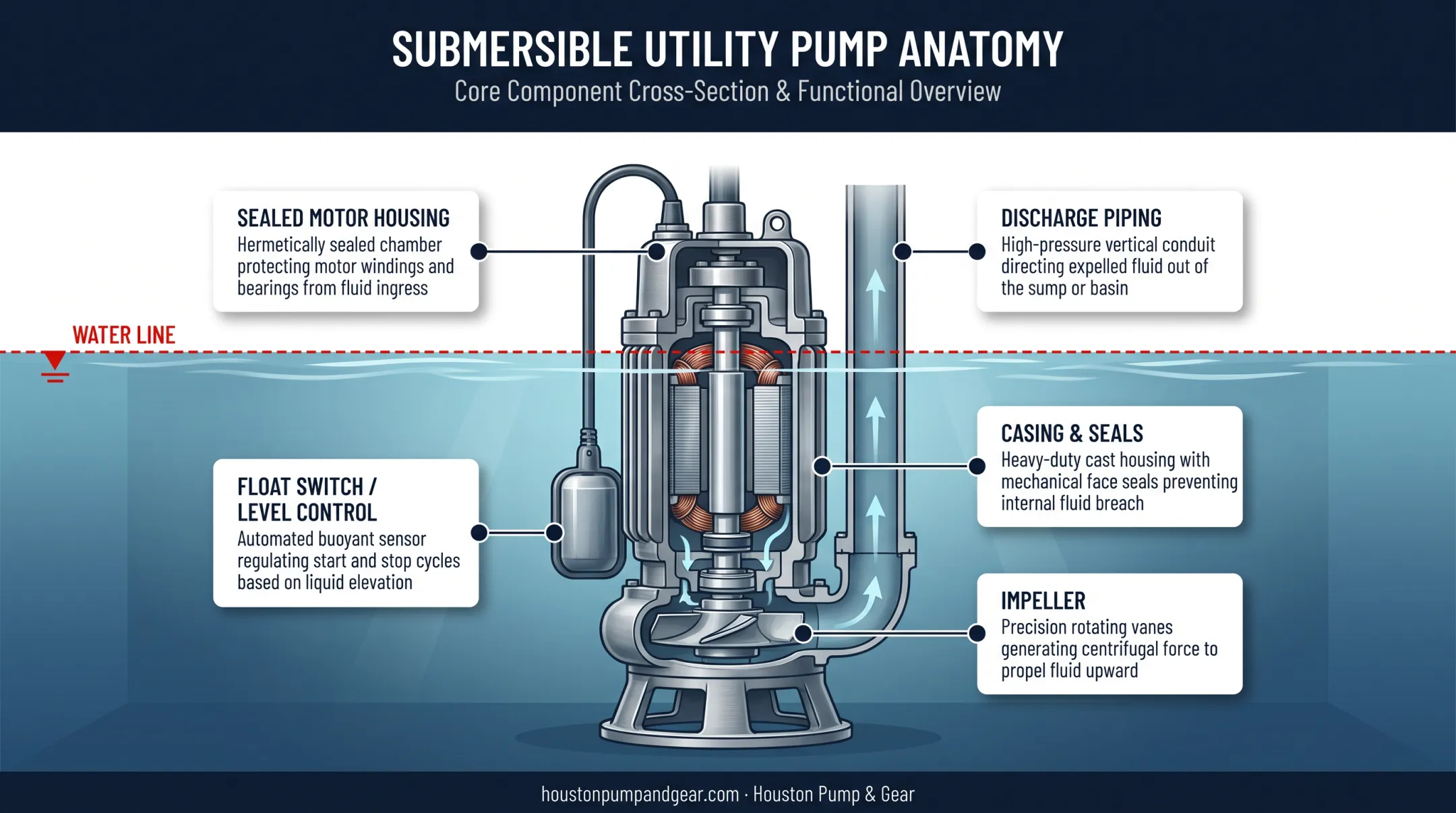 Submersible utility pump core components diagram with labeled parts