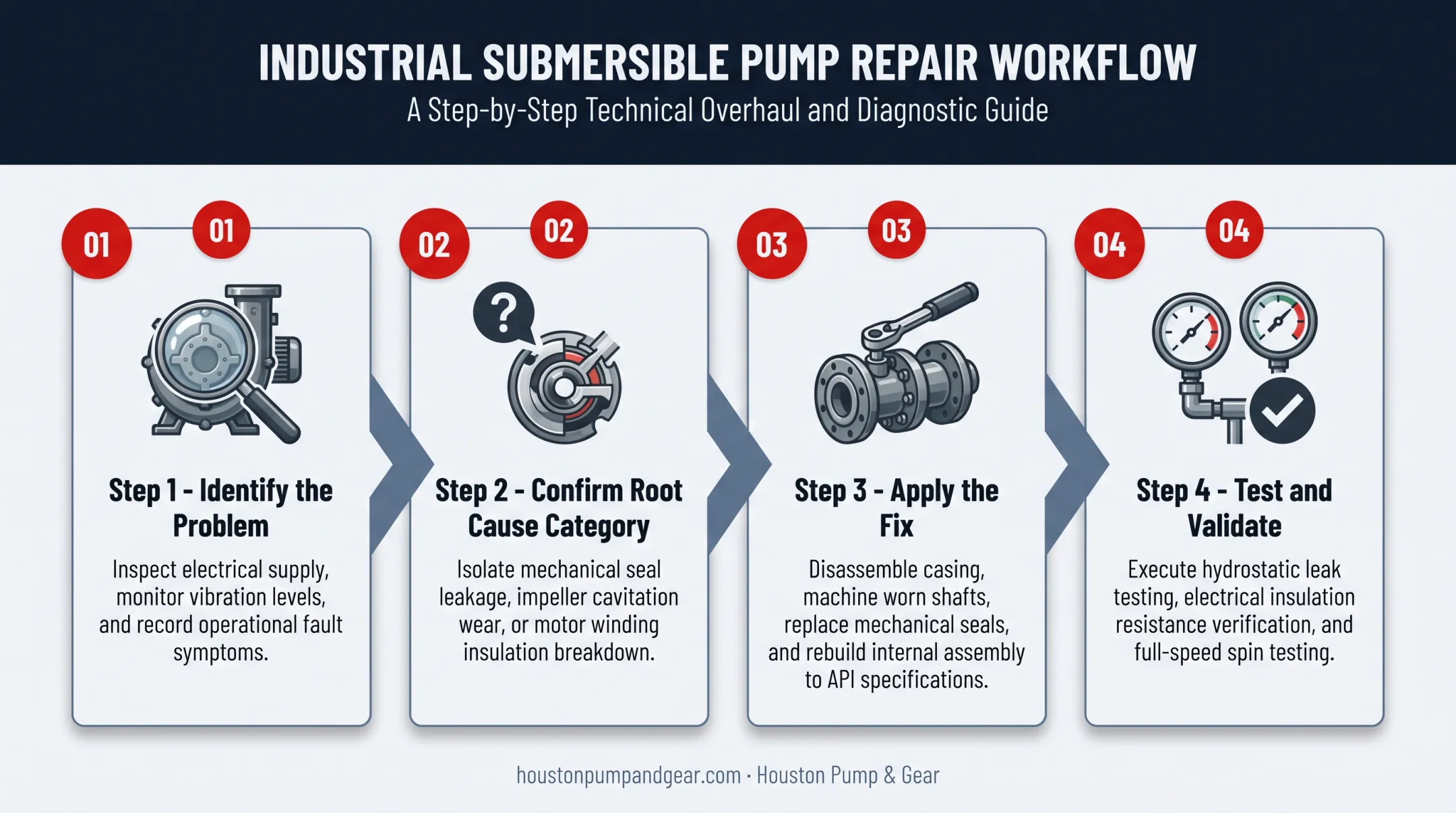 Four-step submersible pump troubleshooting and repair process flow