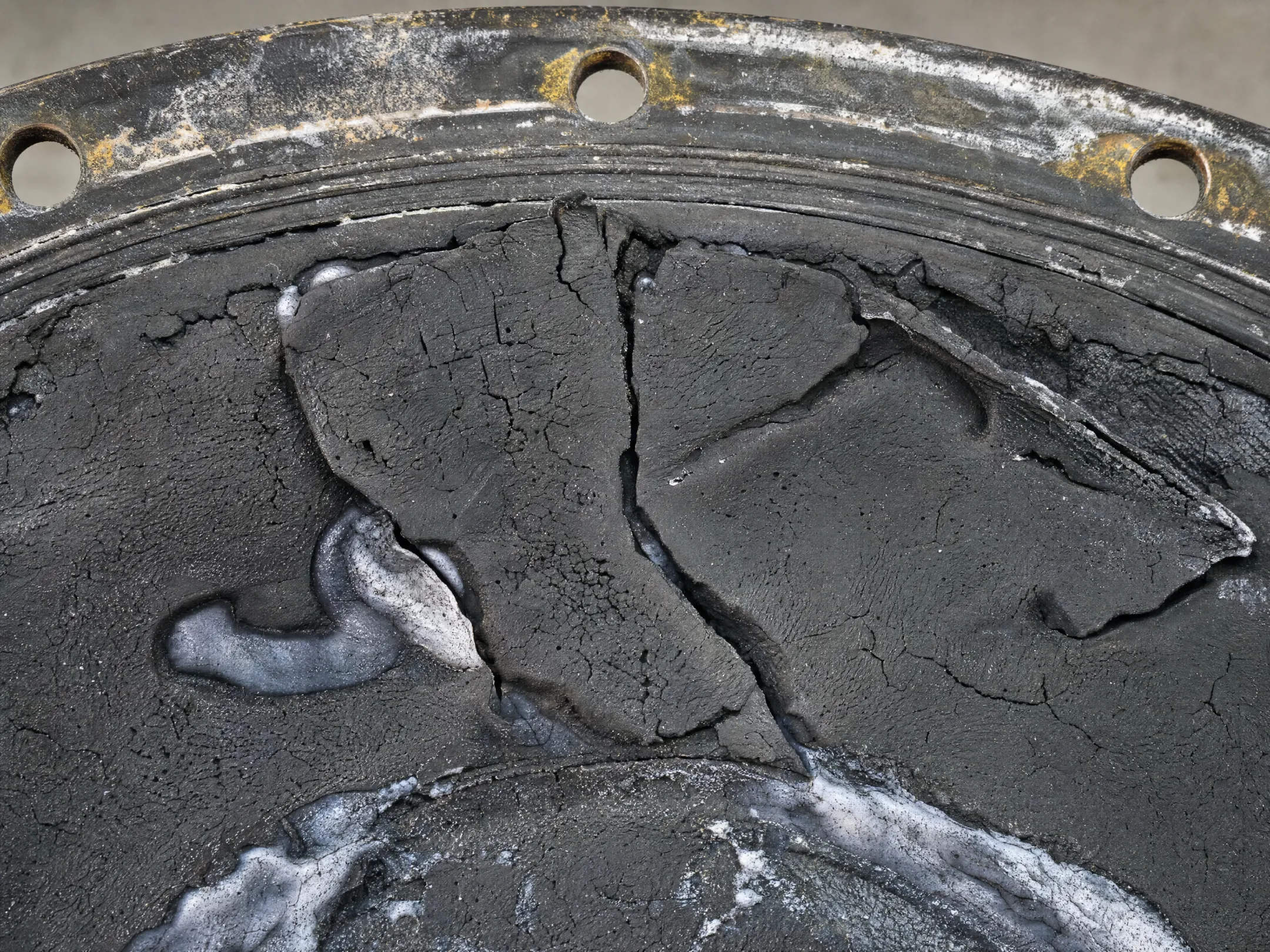Worn diaphragm pump component showing wear and chemical degradation