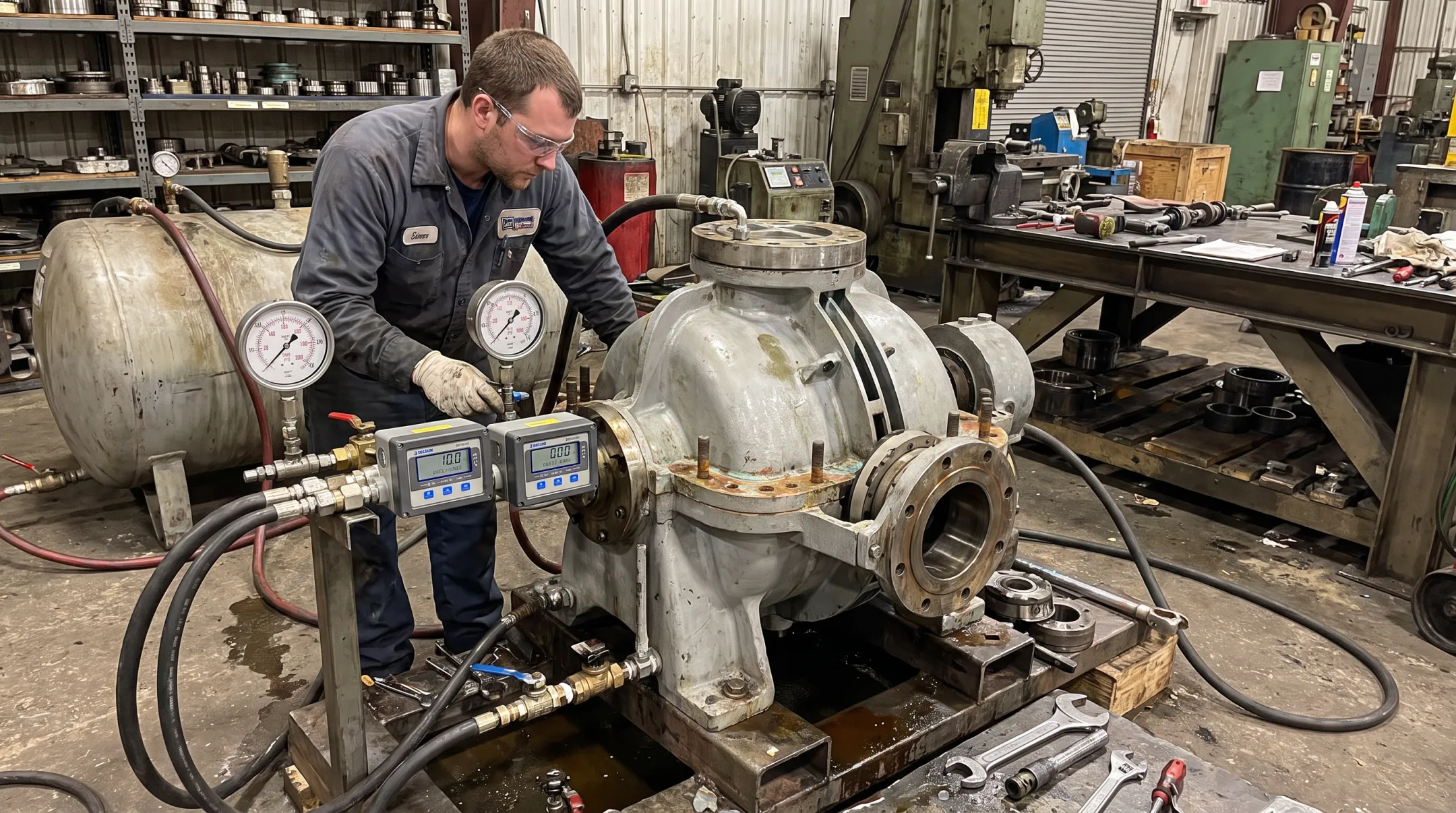 Technician testing repaired diaphragm pump performance under load