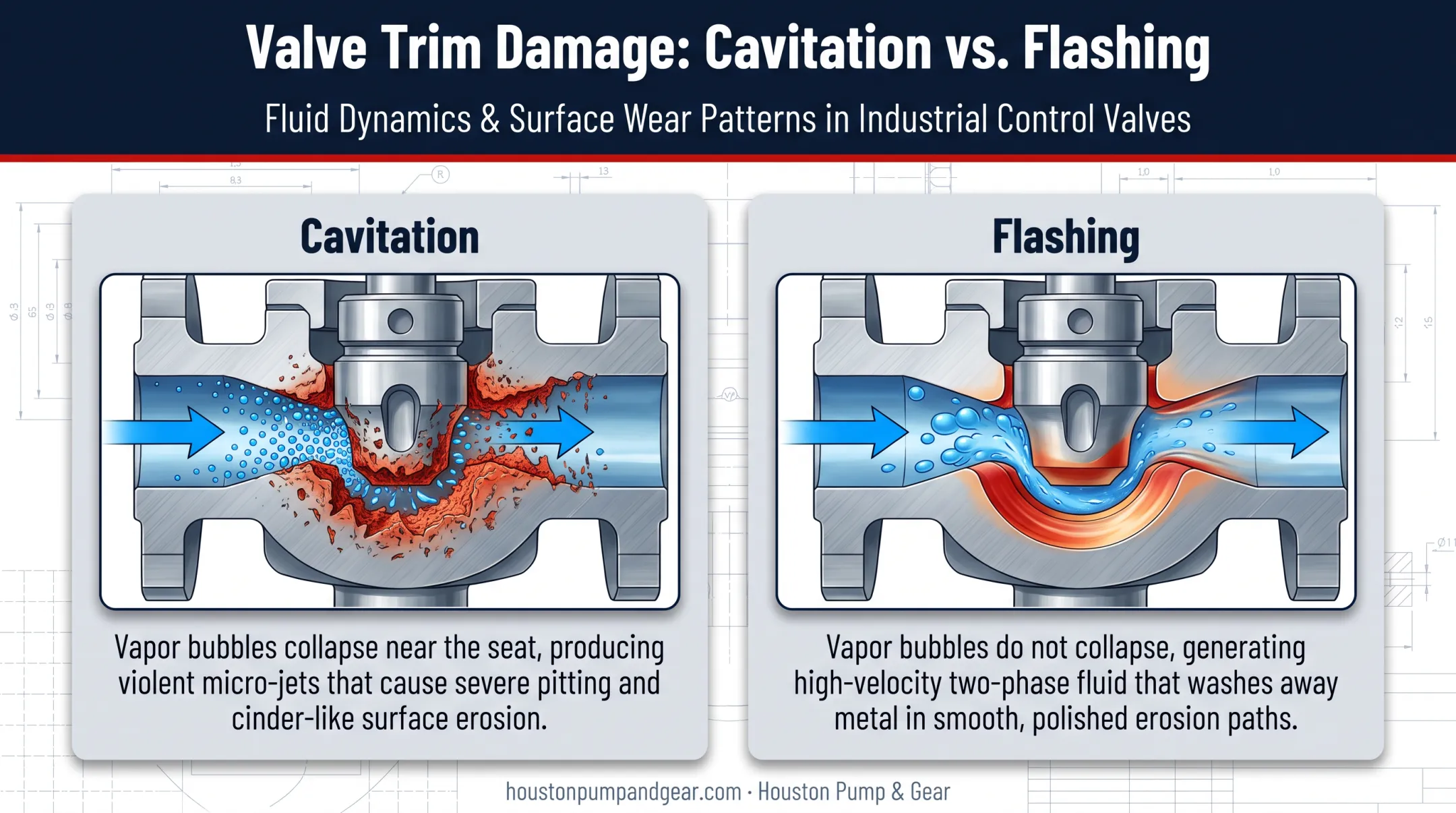 Cavitation versus flashing damage patterns inside control valve trim
