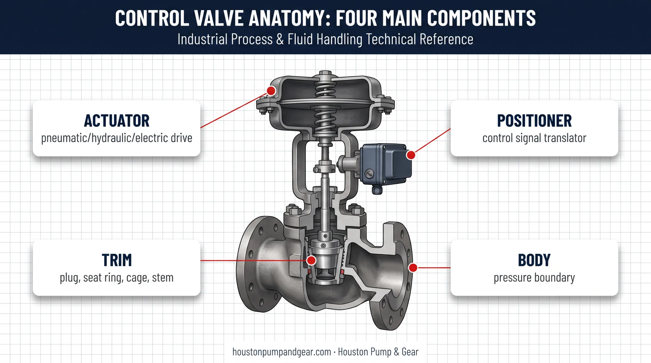 Control valve anatomy showing body trim actuator and positioner components