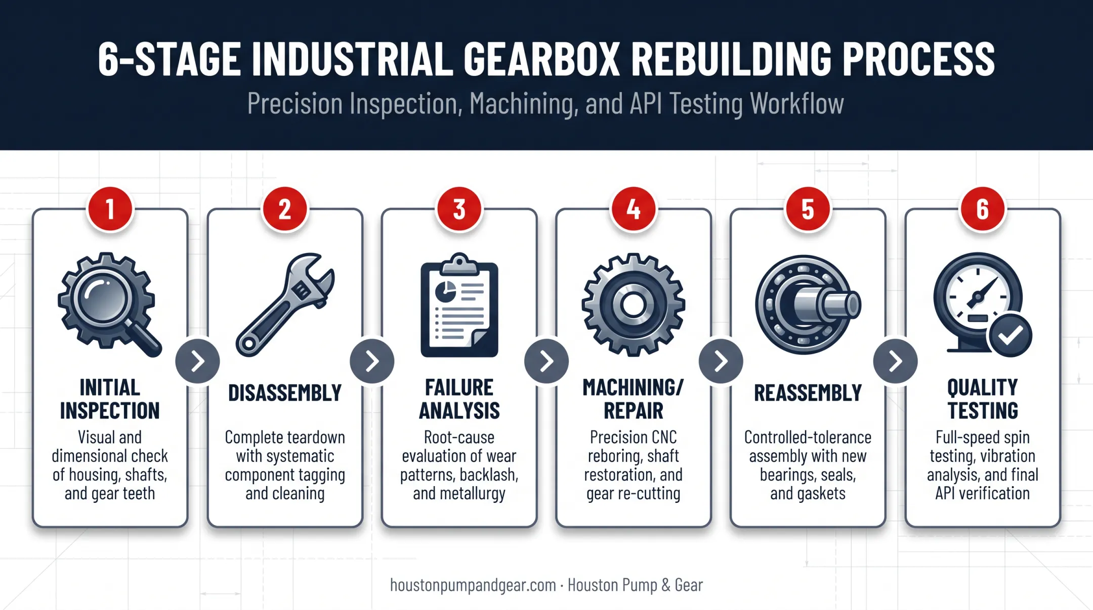 Six-step gearbox repair and rebuild process from inspection to testing