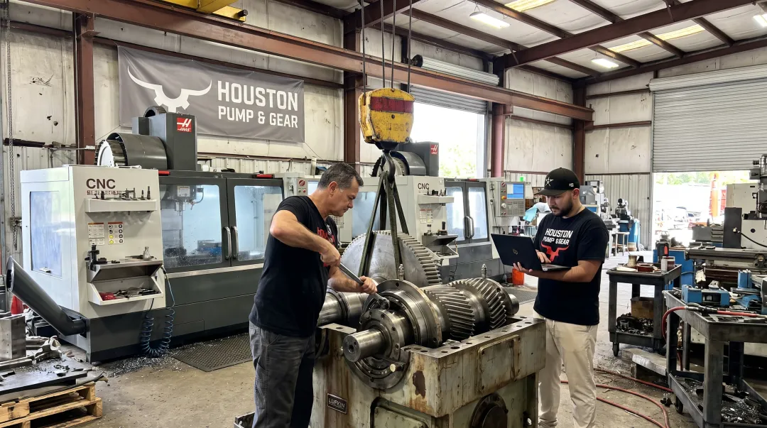 Houston Pump and Gear technician servicing industrial gearbox at facility