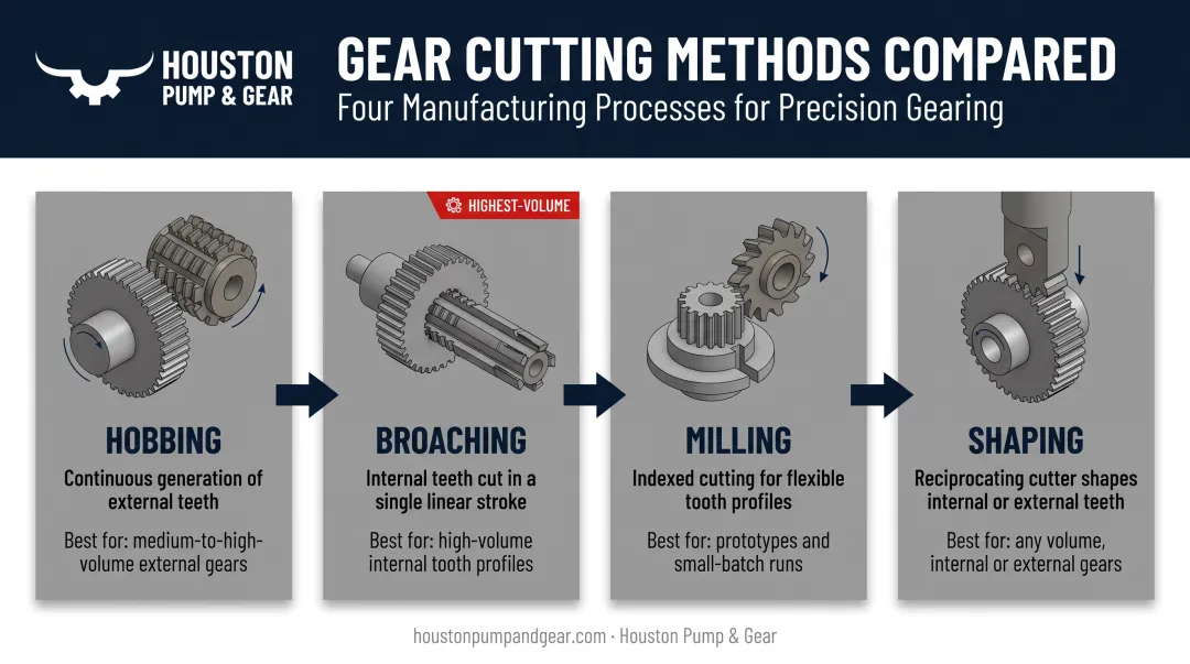 Four gear cutting methods hobbing broaching milling shaping comparison