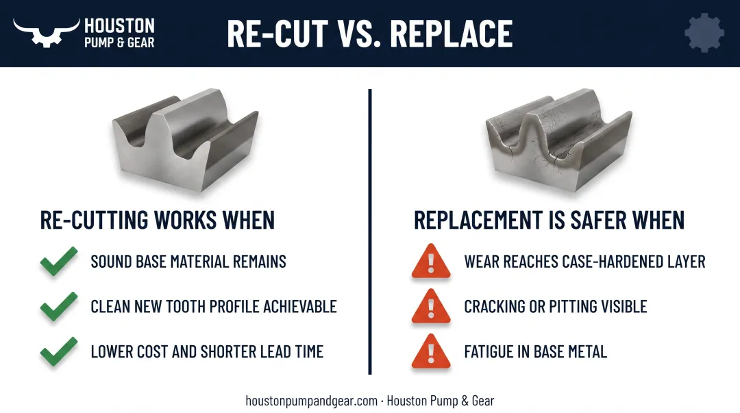 Re-cutting worn gears versus full replacement decision comparison chart