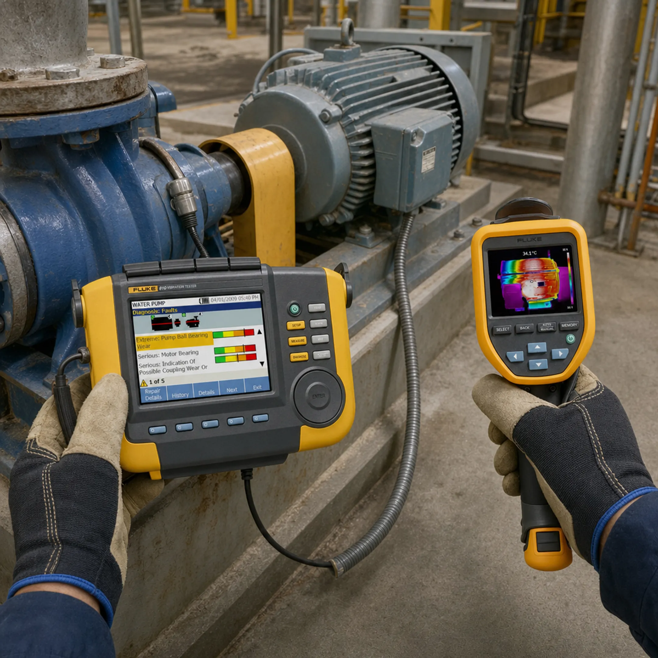 Technician using vibration meter to inspect industrial pump equipment