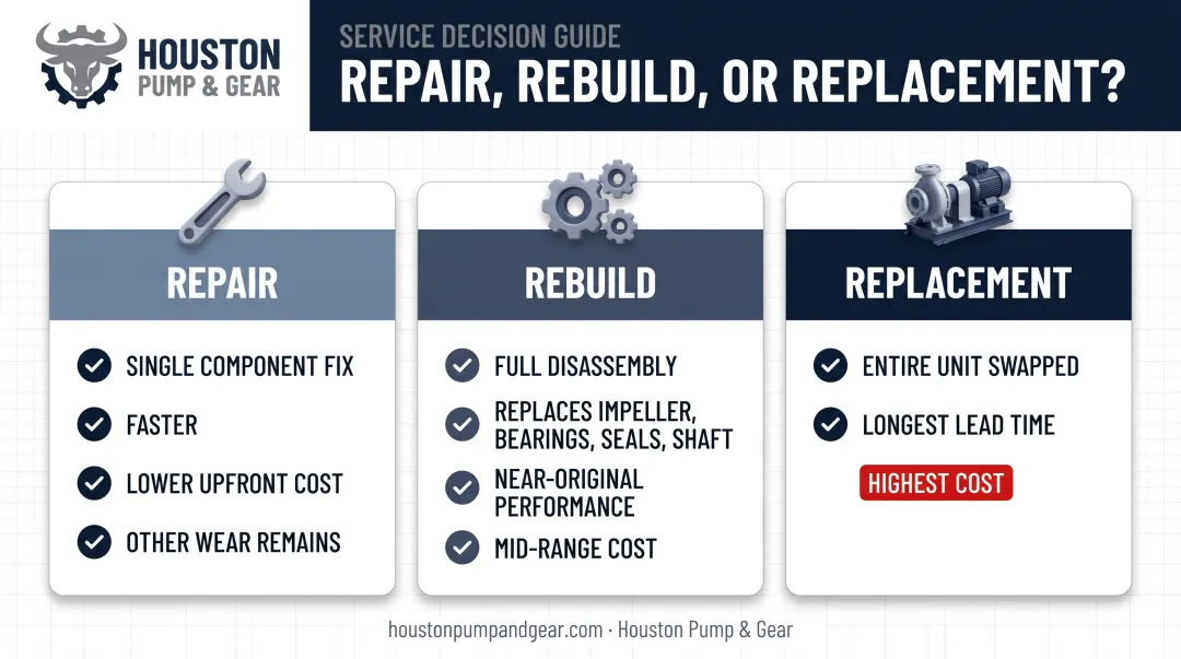 Pump rebuild versus repair versus replacement comparison chart