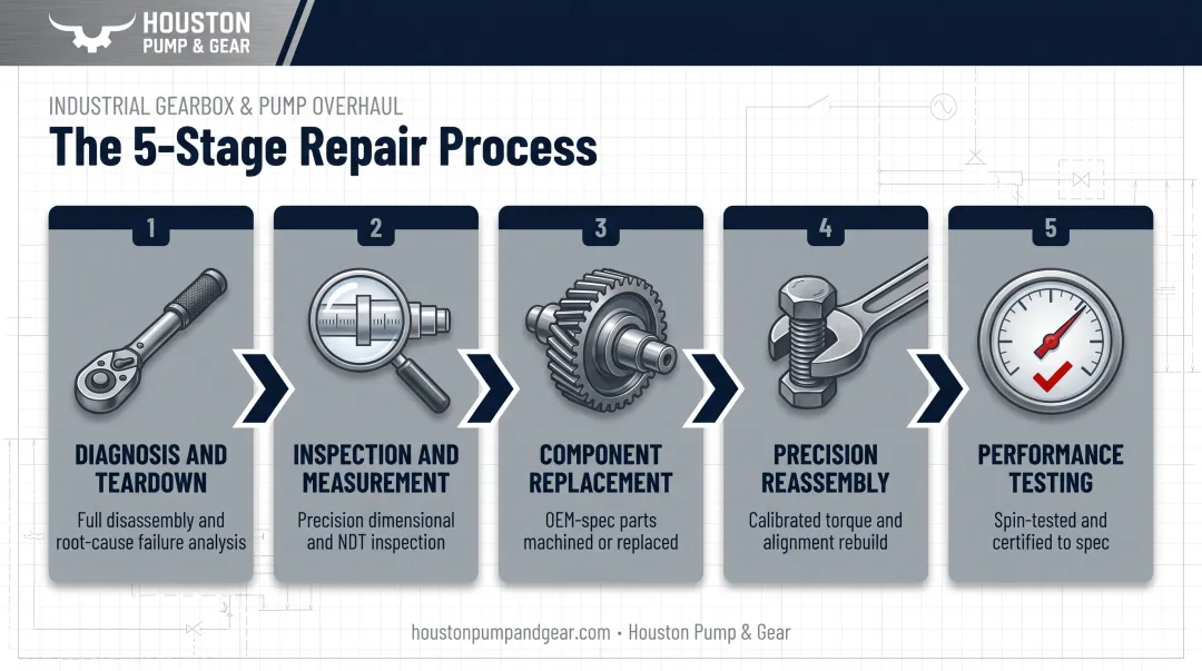 5-step pump rebuild process from diagnosis to performance testing