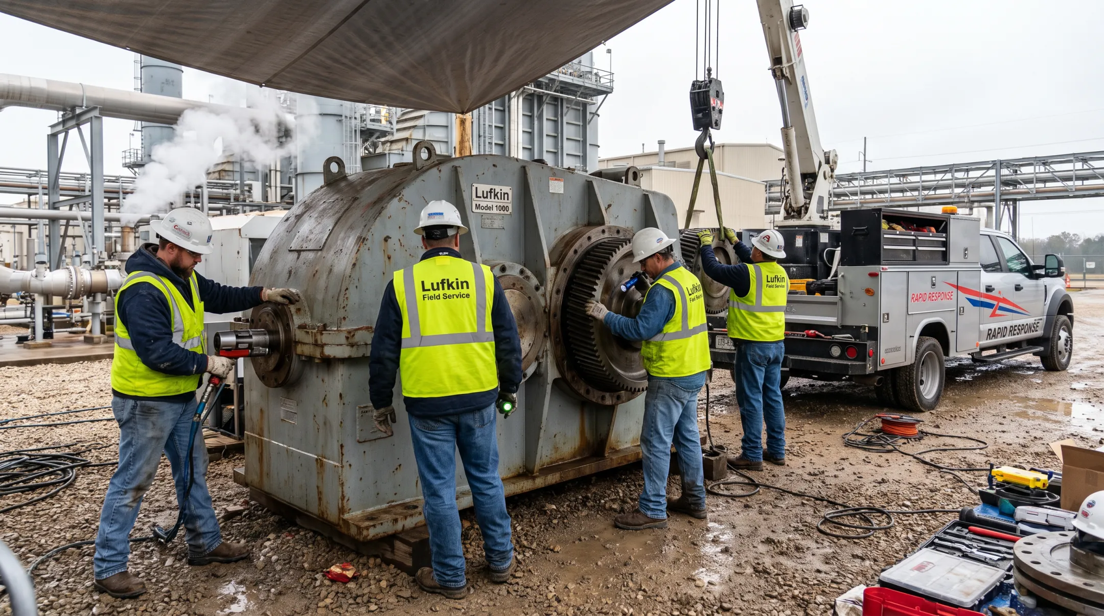 Emergency response technicians repairing industrial helical gearbox on-site