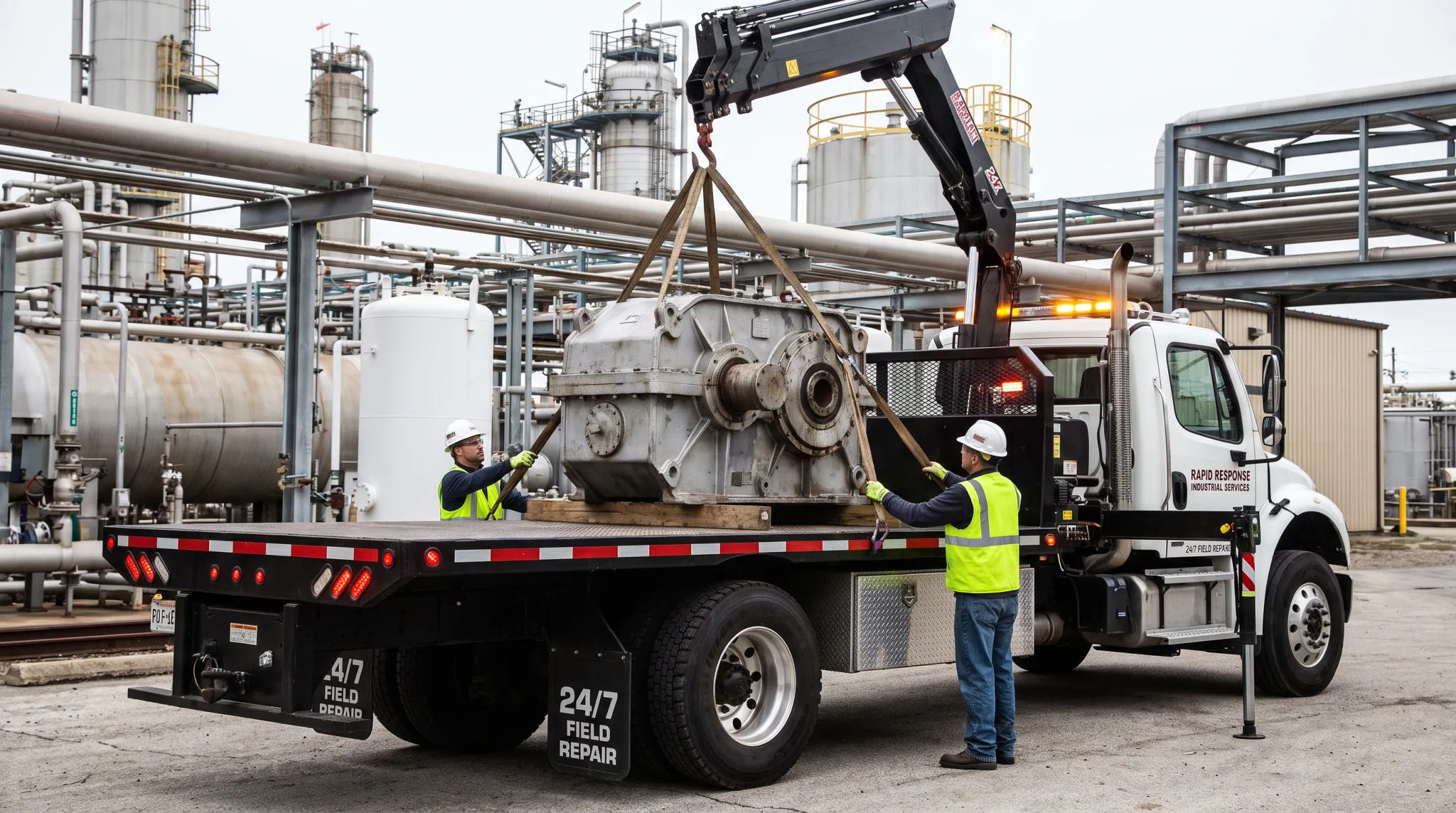 Field technician transport truck picking up industrial gearbox for repair