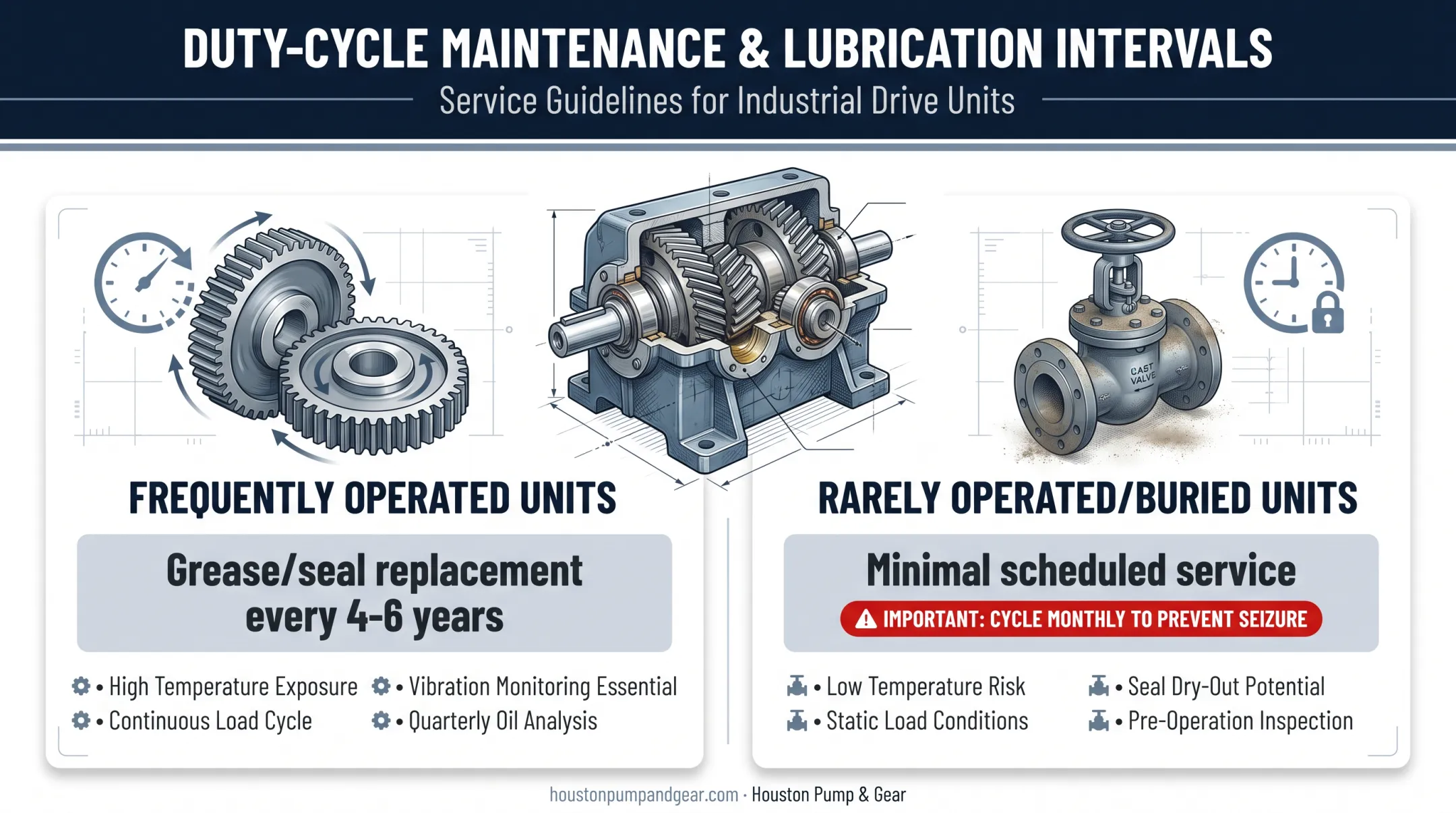 Valve gearbox maintenance frequency chart by duty cycle type