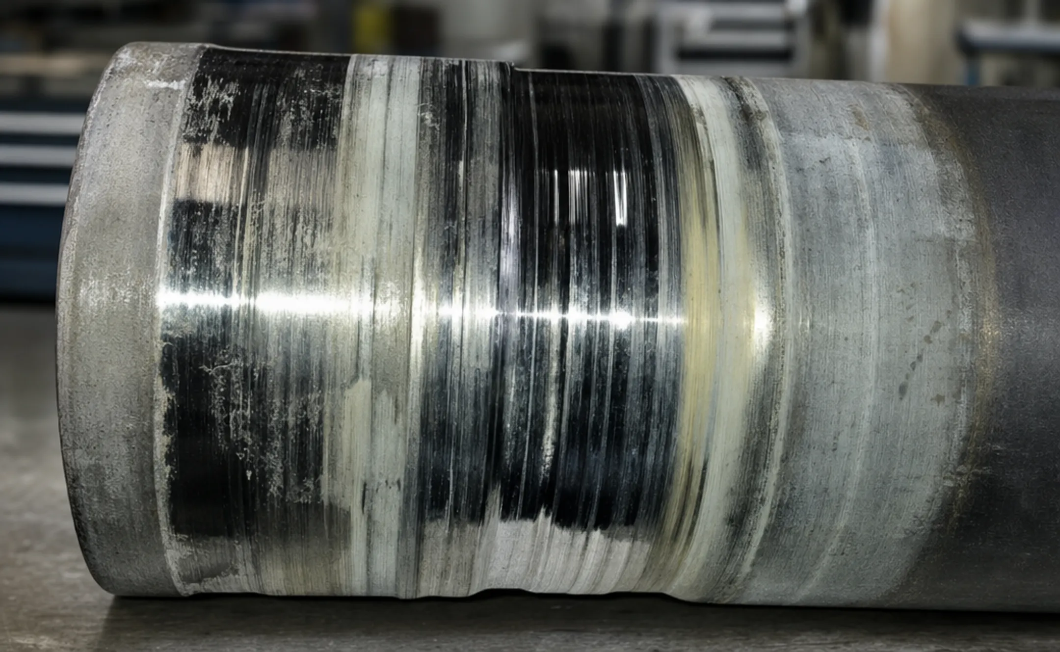 Worn pump shaft showing scoring and grooves from packing failure