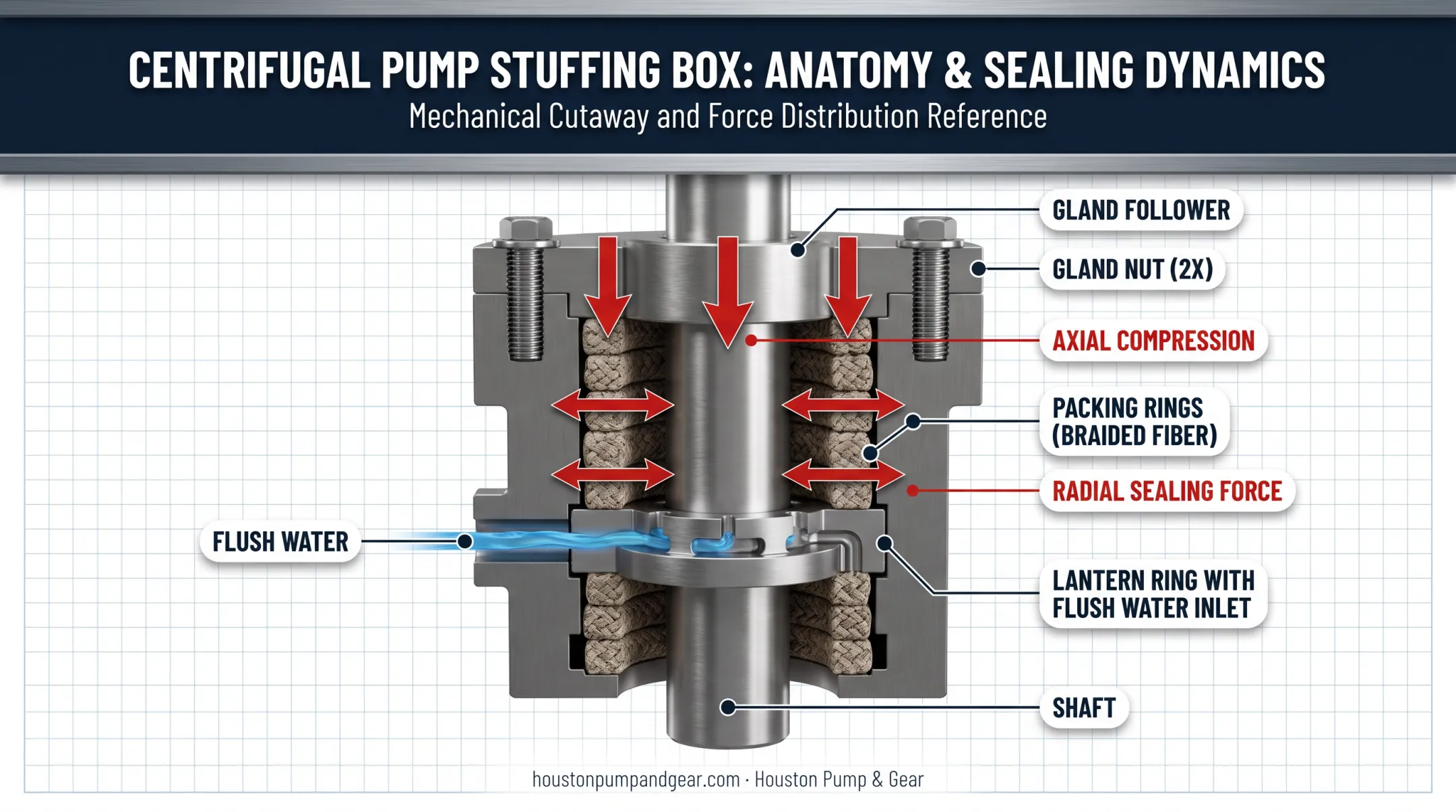 Pump packing seal cross-section showing gland follower and lantern ring