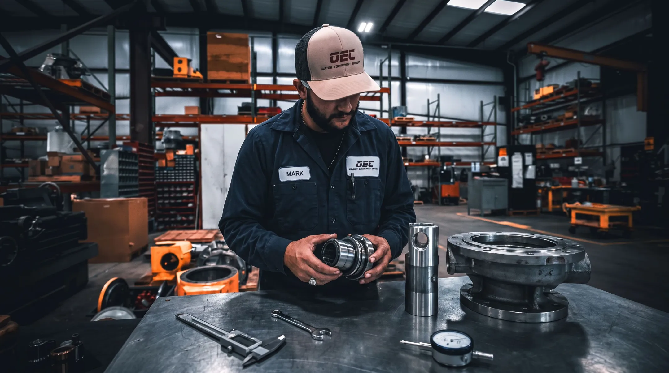 Industrial technician inspecting pump shaft seal and housing components