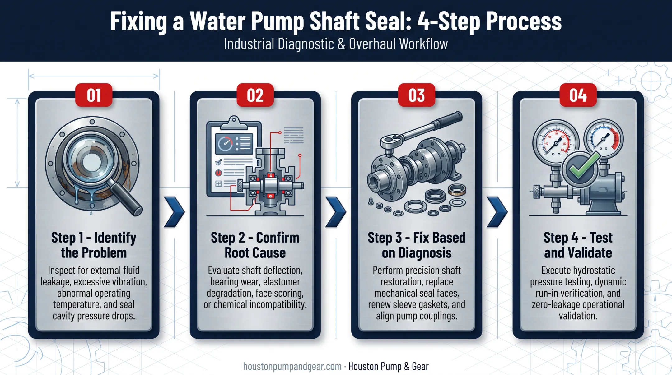 Four-step water pump shaft seal repair process flow diagram