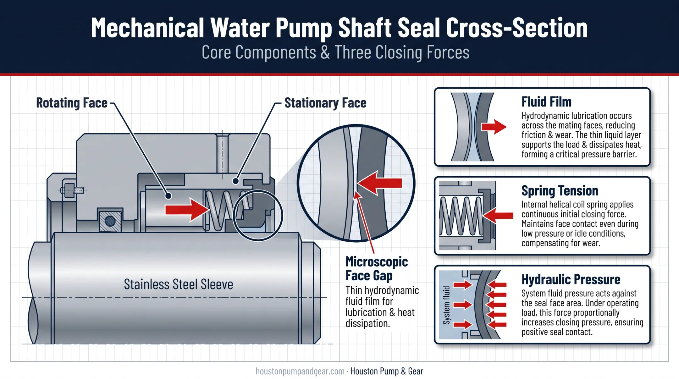Mechanical water pump shaft seal cross-section showing spring pressure fluid film