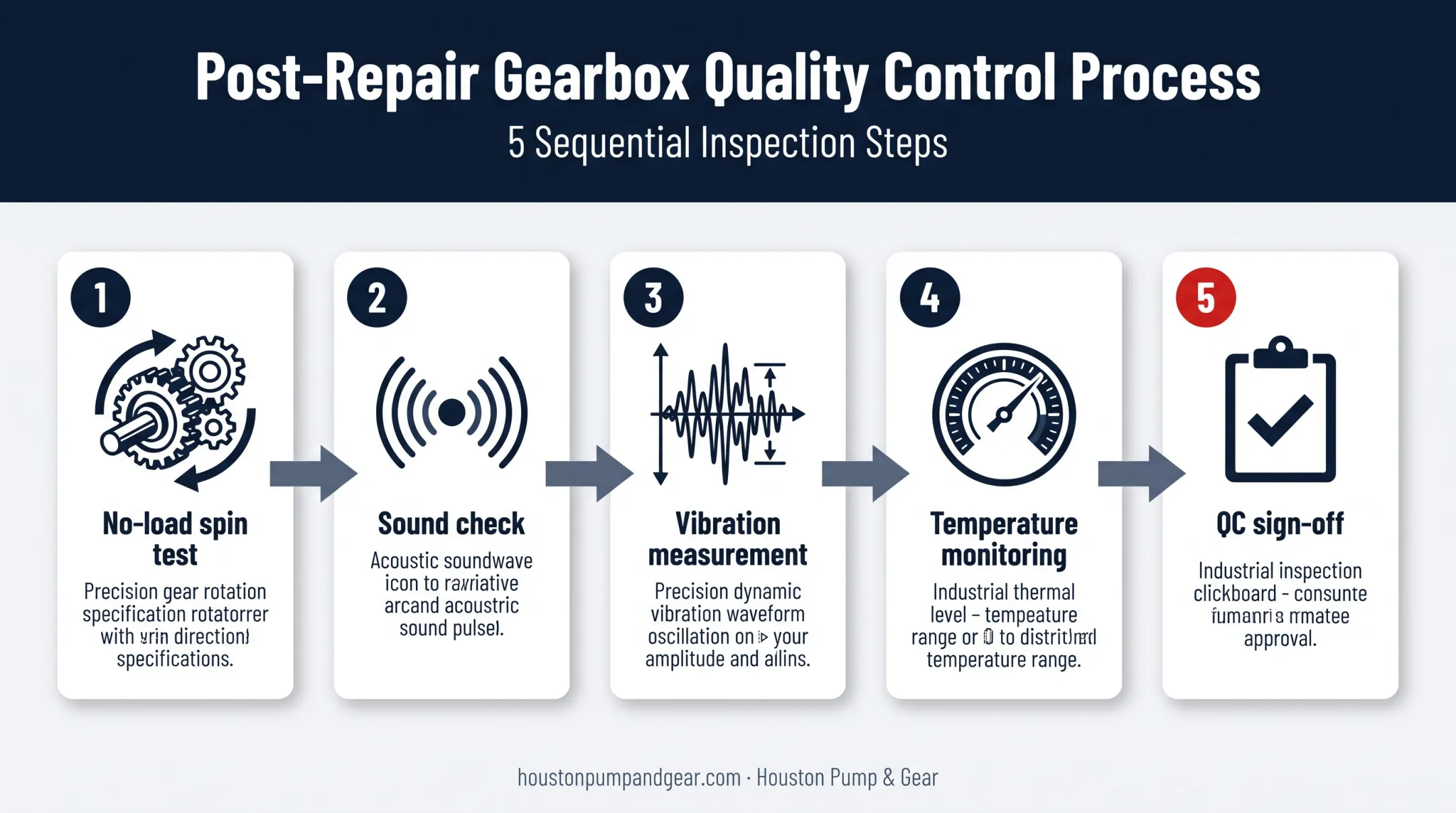 Five-step post-repair gearbox quality control testing sequence