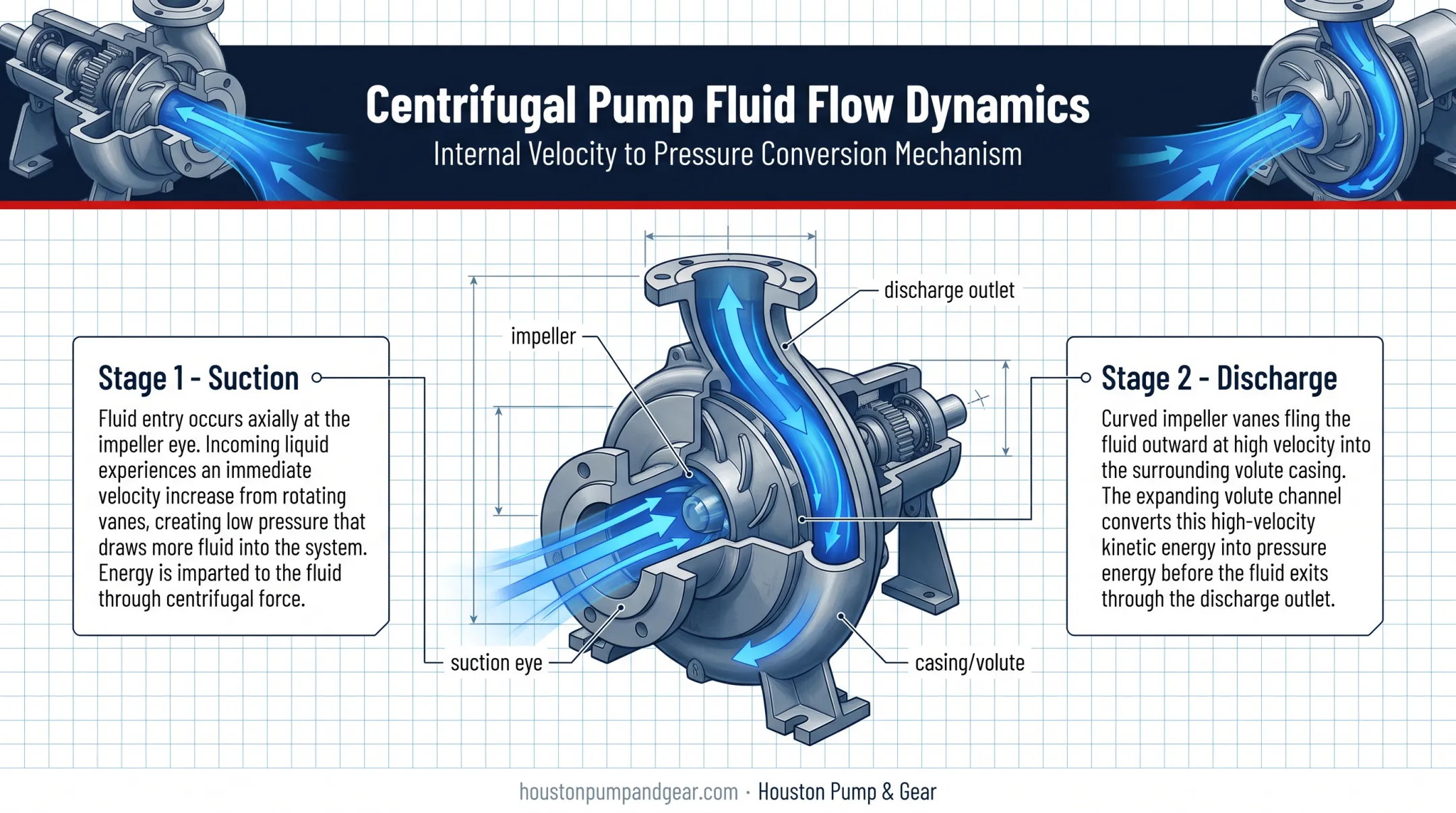 Centrifugal pump suction and discharge stage cross-section diagram