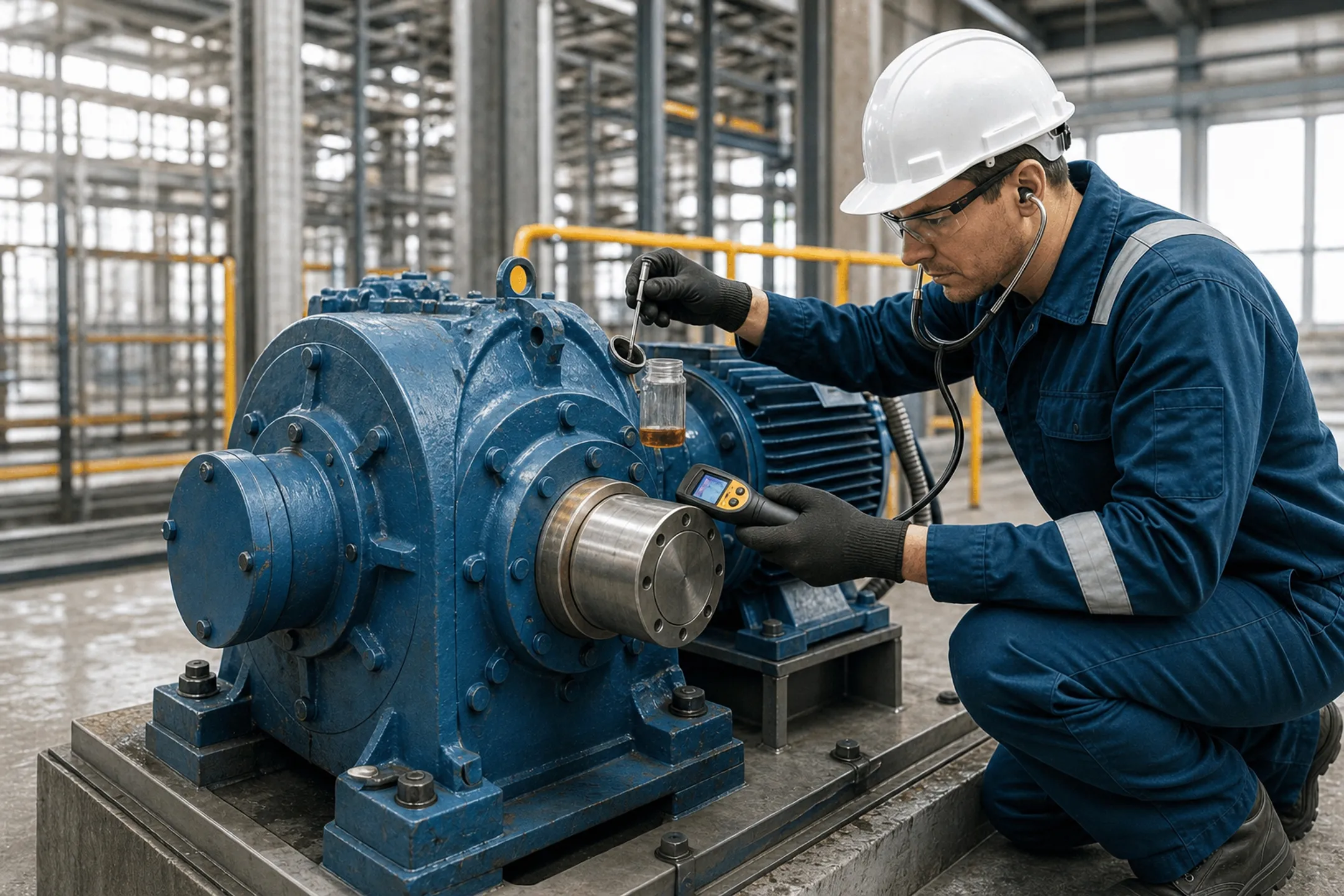 Technician inspecting industrial gearbox for wear and oil contamination