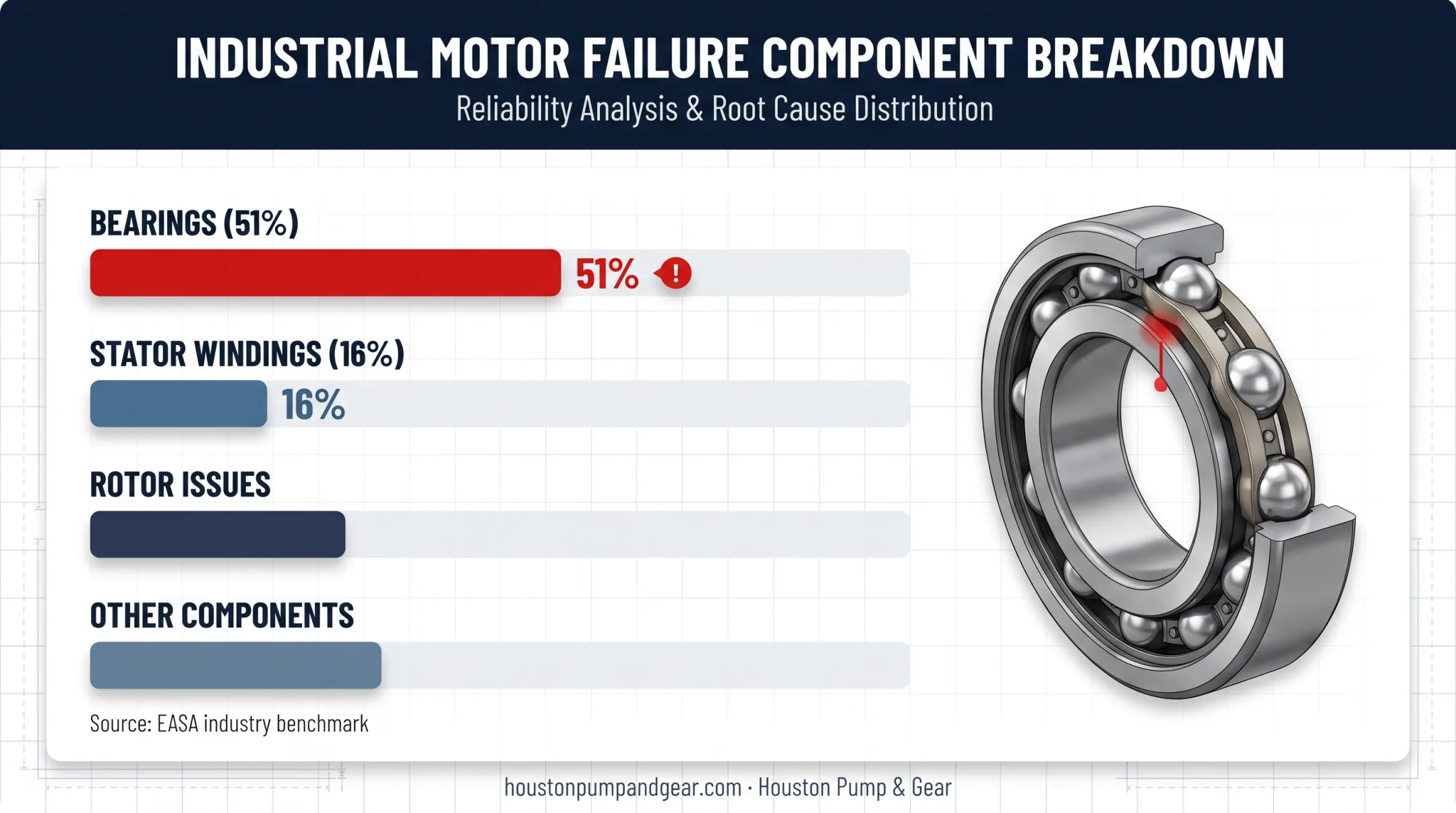 Common industrial pump motor failure points comparison bearing versus winding percentage
