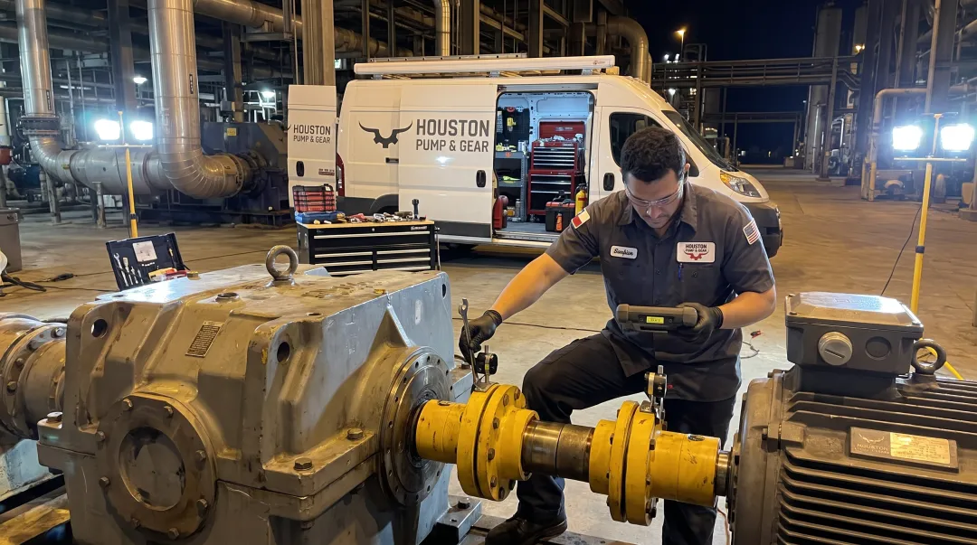 Mobile field service technician performing on-site gearbox coupling alignment work