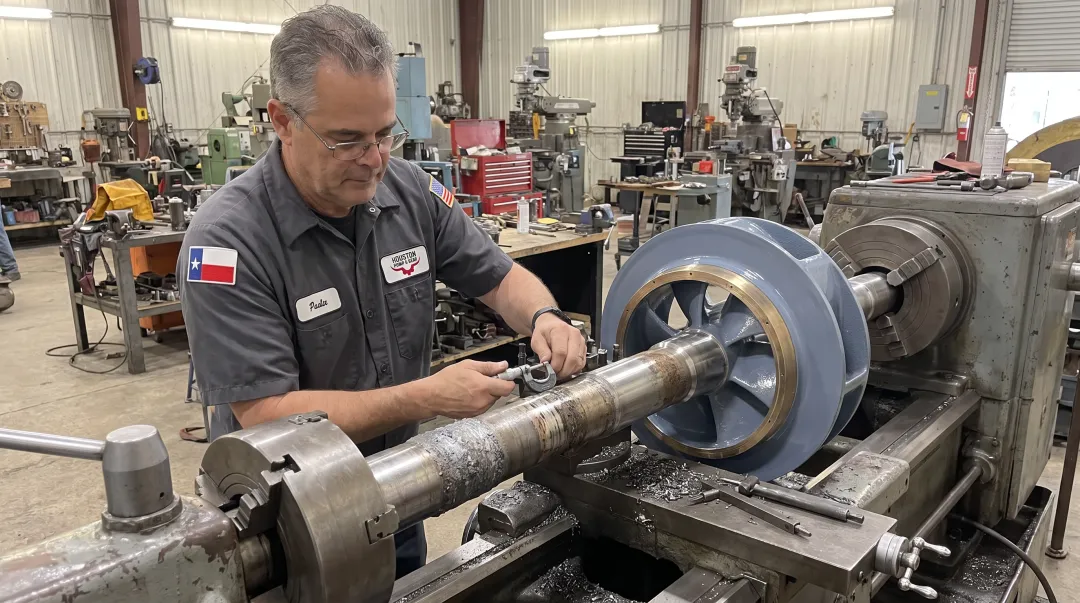 Technician performing precision shaft machining and metal spray restoration service