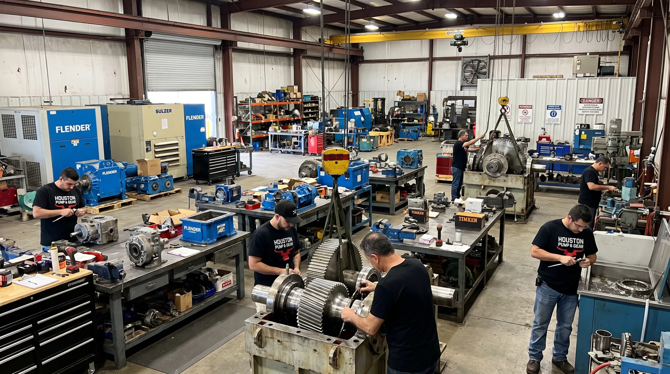Industrial gearbox and pump repair shop with disassembled equipment