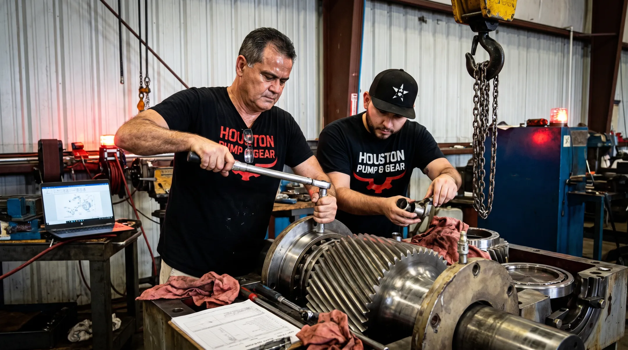 Houston Pump and Gear technicians repairing industrial gearbox in workshop