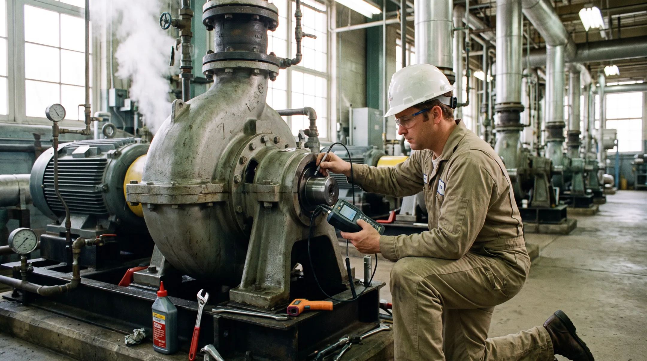 Technician performing preventive maintenance inspection on industrial boiler feed pump