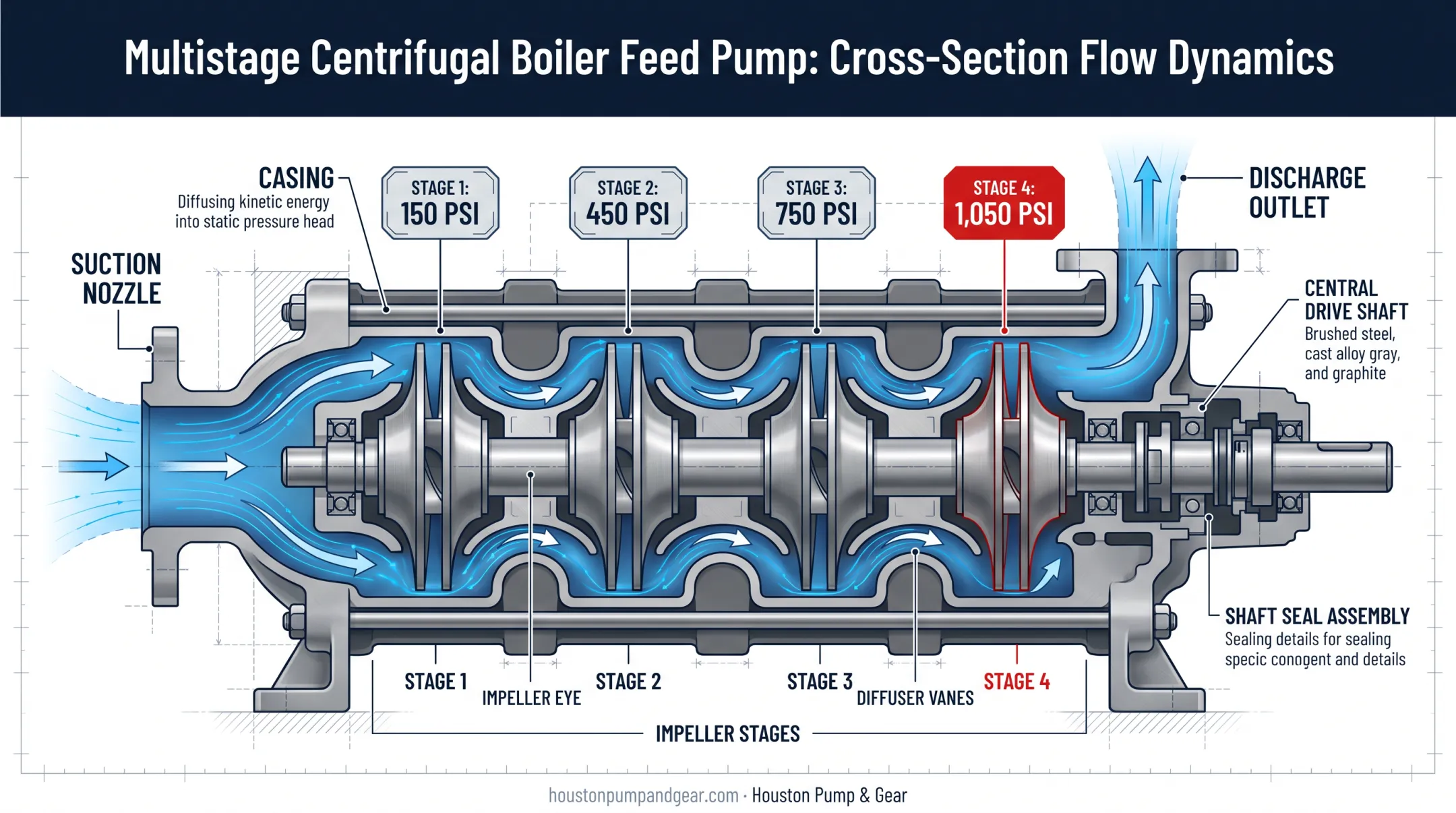 Multistage centrifugal boiler feed pump cross-section showing impeller stages