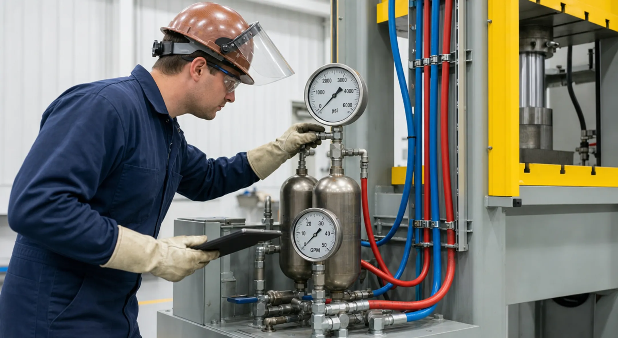 Technician testing hydraulic pump pressure gauge during equipment startup