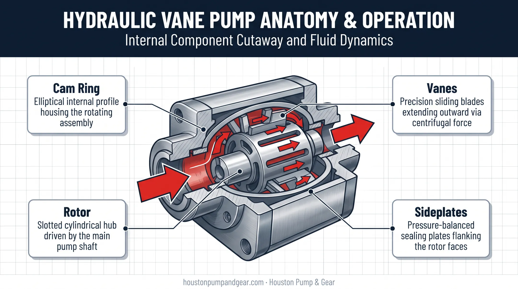 Hydraulic vane pump internal components diagram showing rotor cam ring vanes