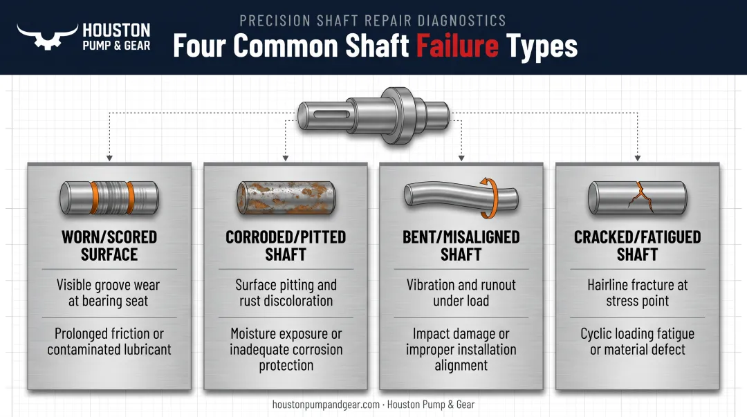 Four common shaft failure types comparison showing wear corrosion misalignment fatigue
