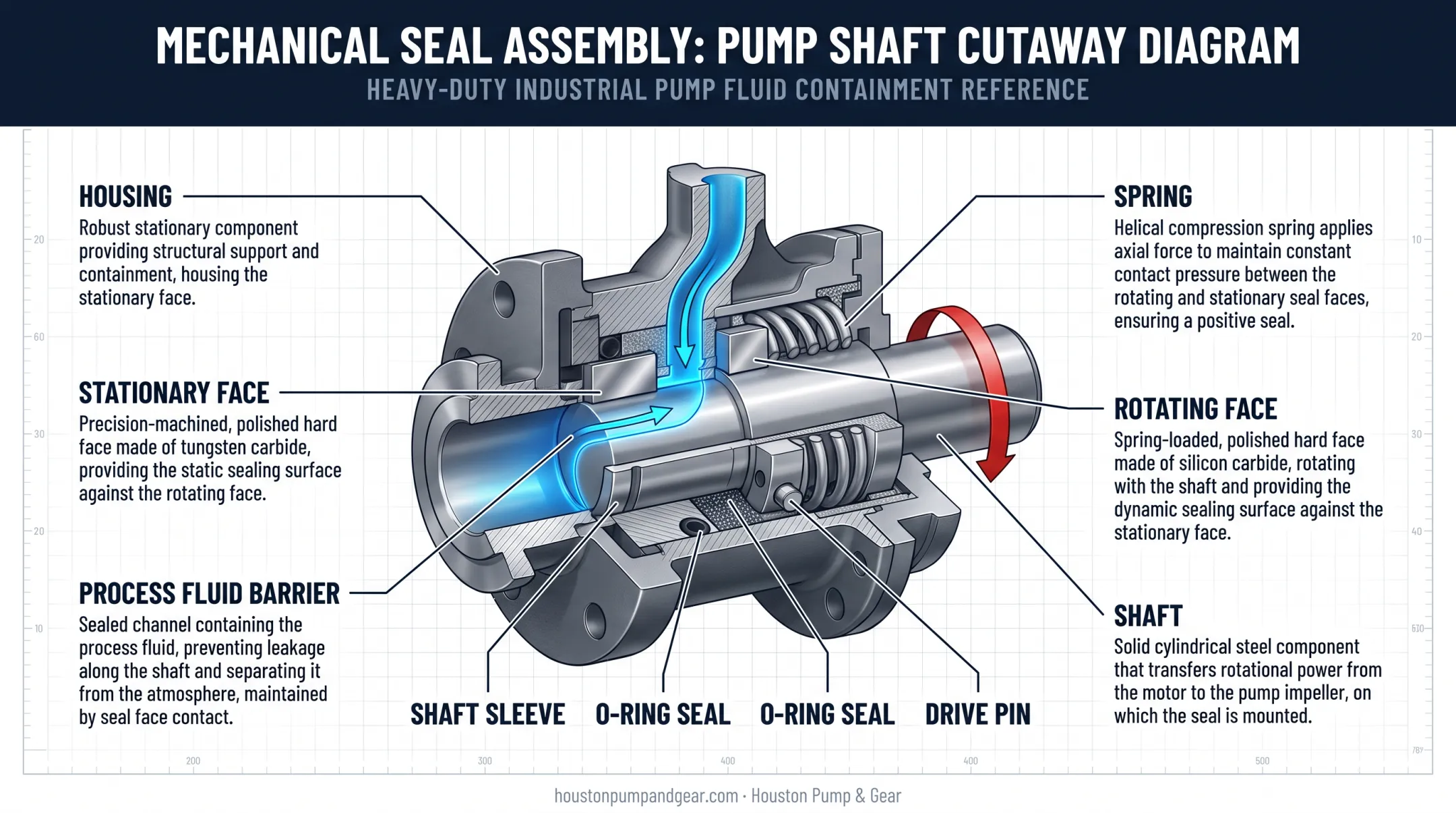 Mechanical seal cross-section showing rotating and stationary sealing faces