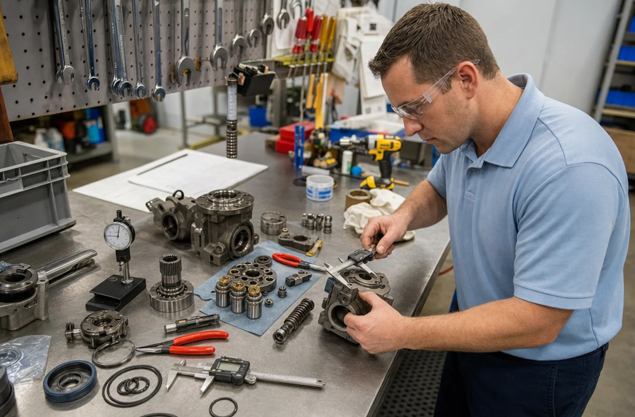 Industrial hydraulic pump repair technician inspecting worn machine components
