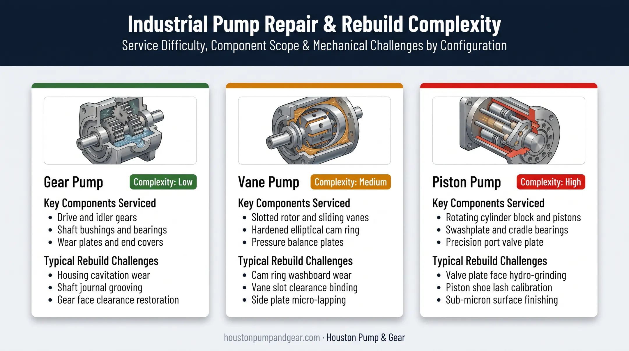 Gear vane and piston pump rebuild complexity comparison chart