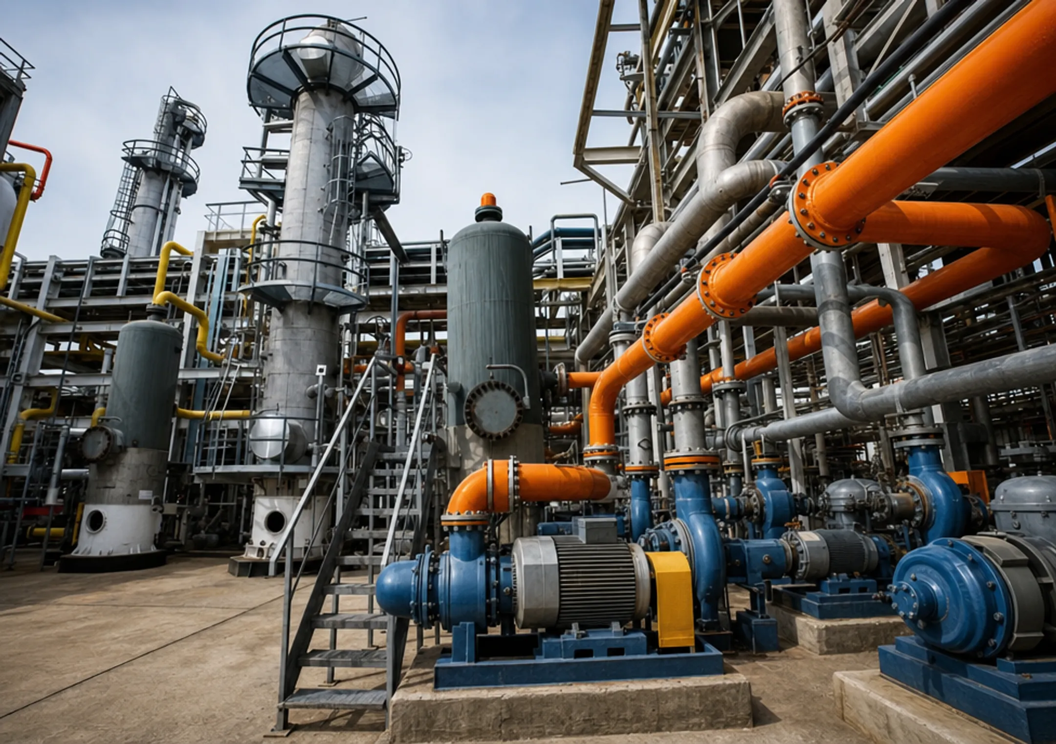 Industrial power plant facility with rotary pump piping systems
