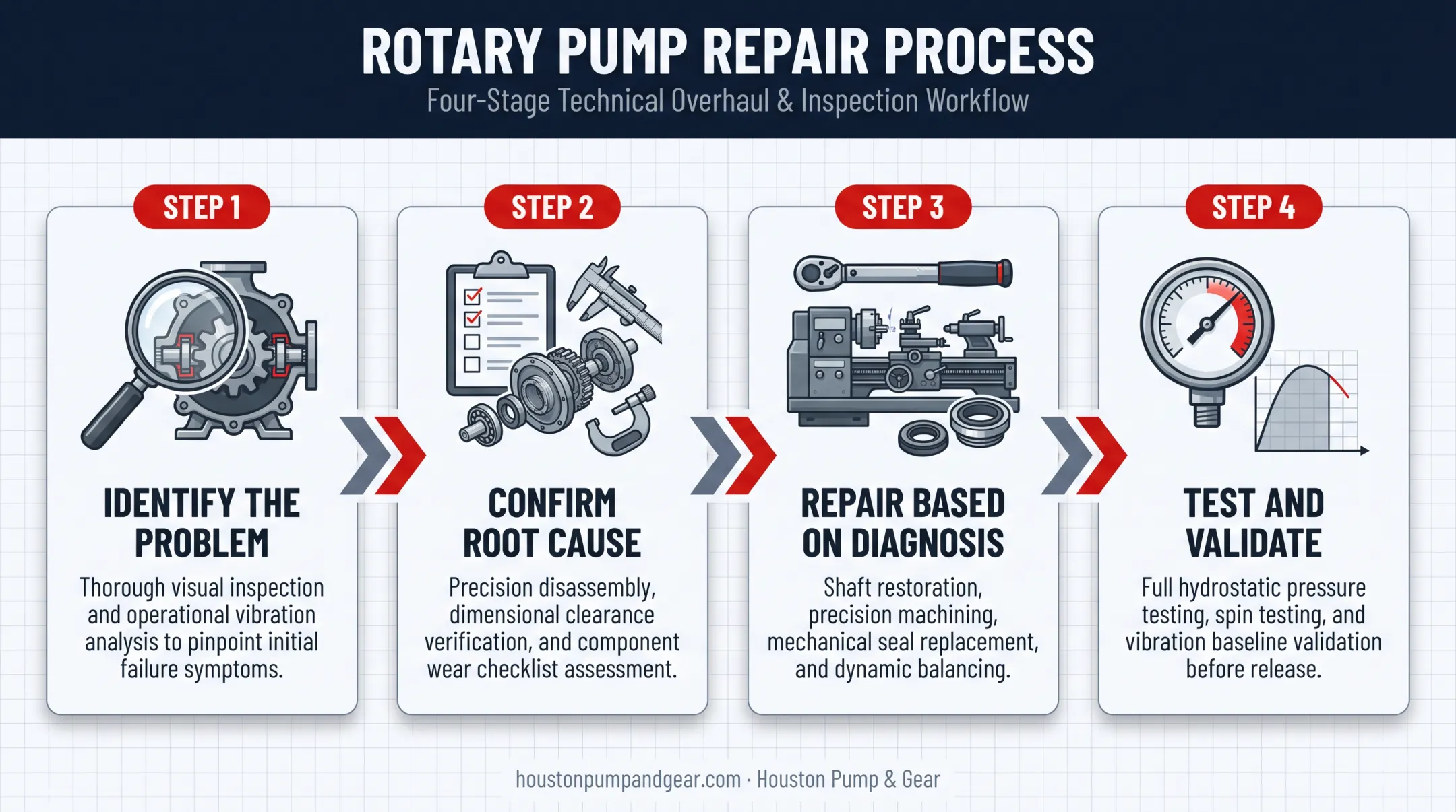 Four-step rotary pump repair process from diagnosis to validation