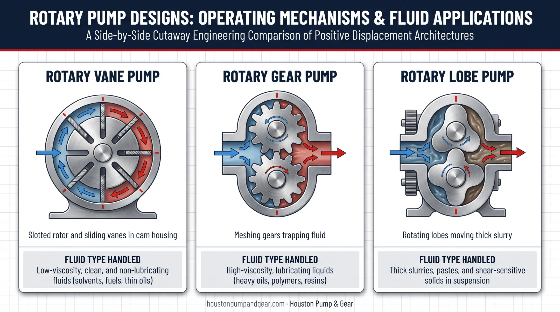 Three rotary pump types comparing vane gear and lobe designs