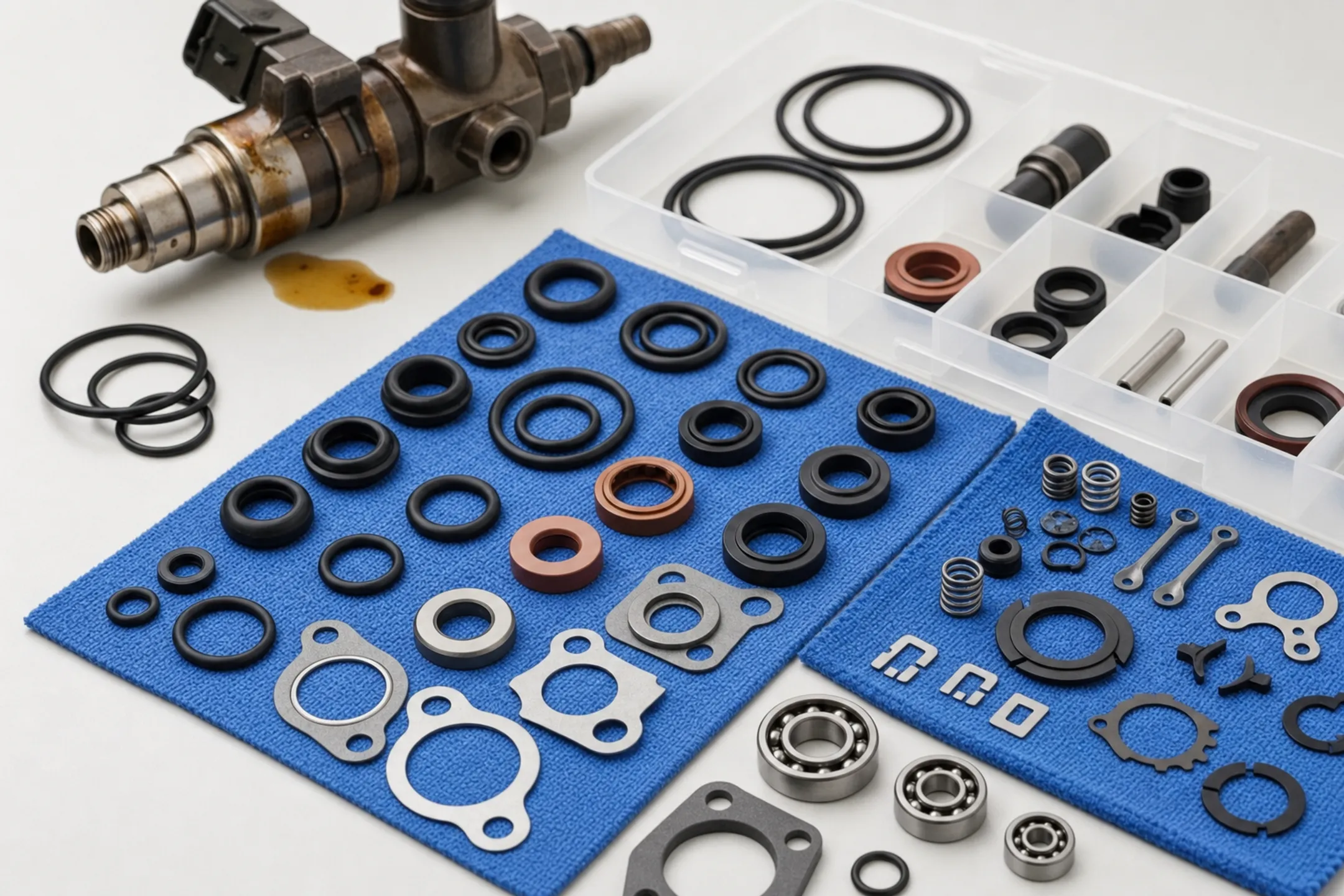 Industrial pump seal kit parts laid out on workbench