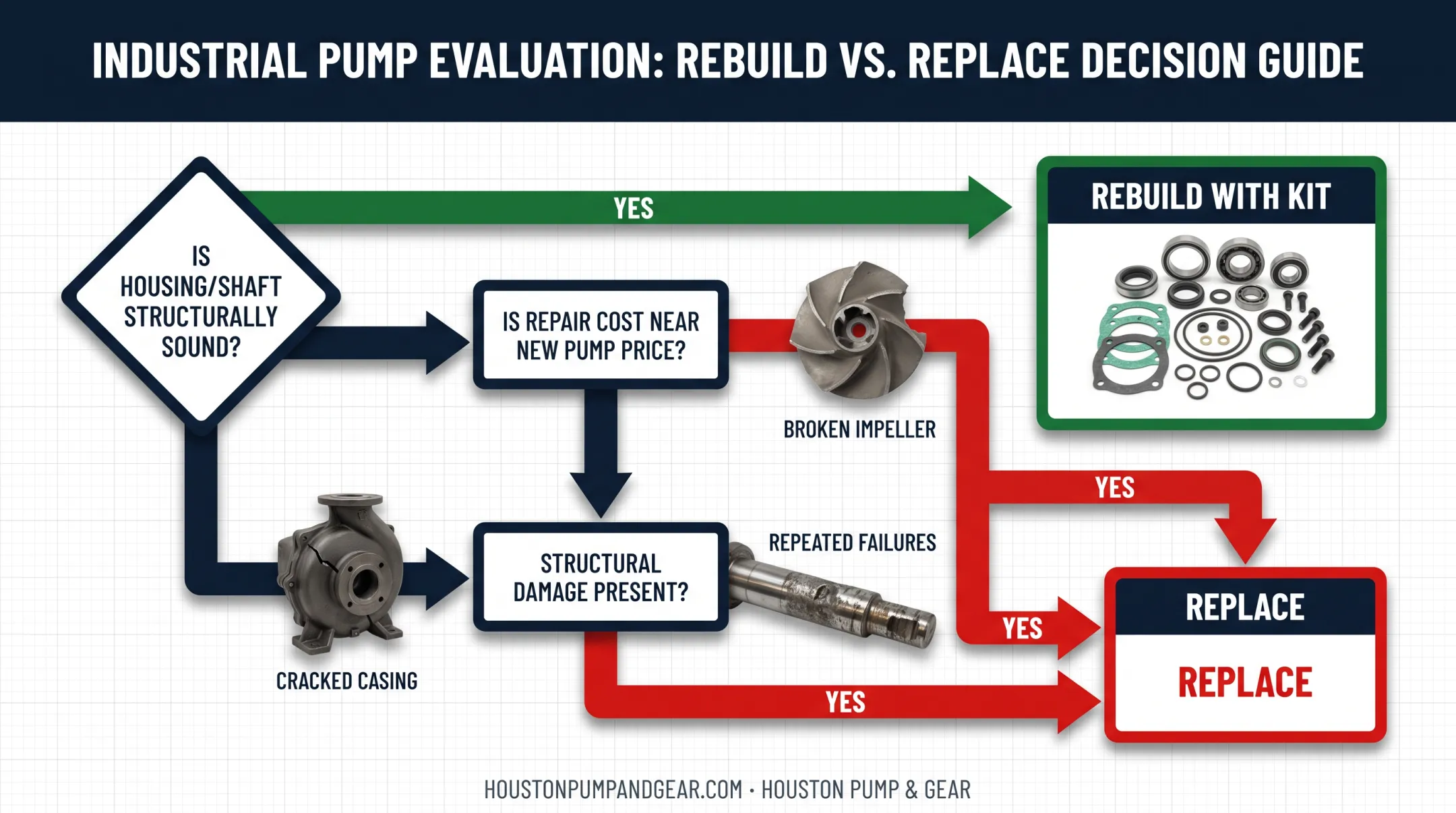 Rebuild versus replace pump decision flowchart based on damage type