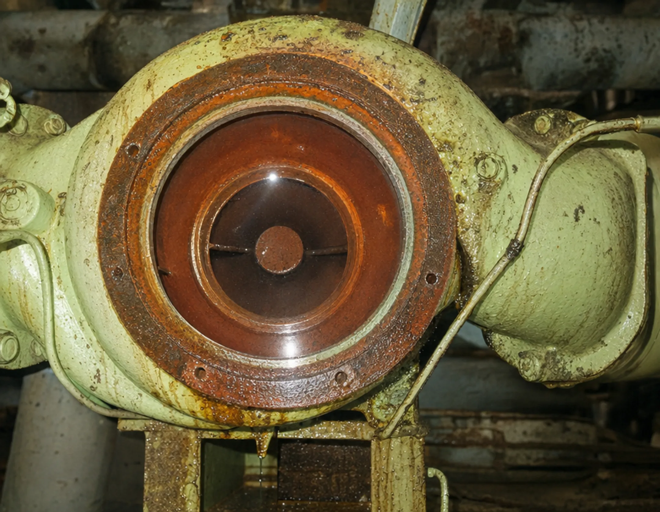 Industrial centrifugal pump showing visible wear leaks and corrosion signs