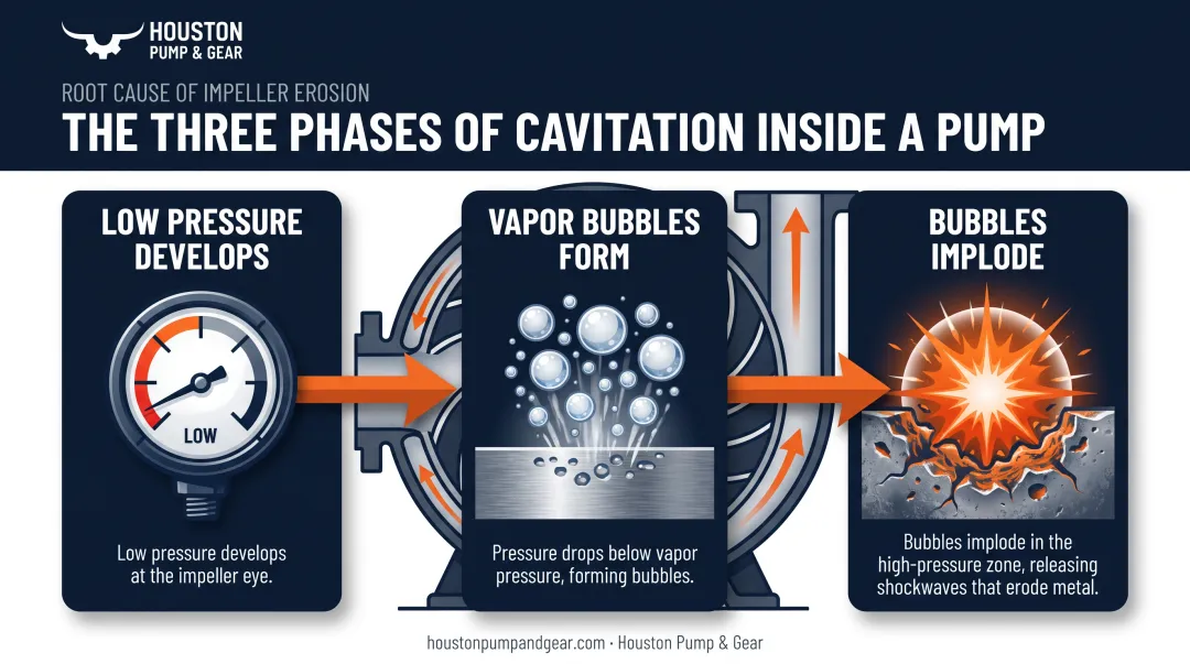 Three-phase cavitation process showing bubble formation and implosion in pumps