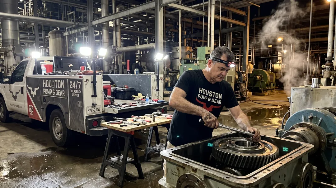Houston Pump and Gear technician performing emergency gearbox repair service