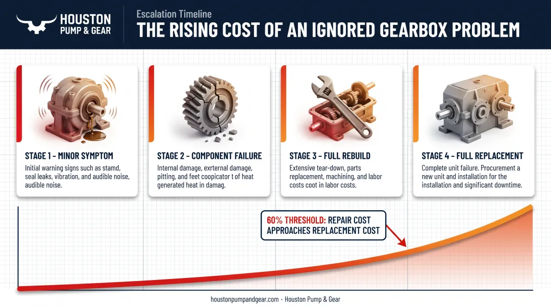 Escalation timeline from minor gearbox issue to full replacement